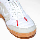 IDA Spirit Women's Indoor Soccer Futsal Shoe, White with Red & Blue accents, IC, Indoor Court, zoom in on toe box with grey suede and red IDA eyelets on white shoelaces