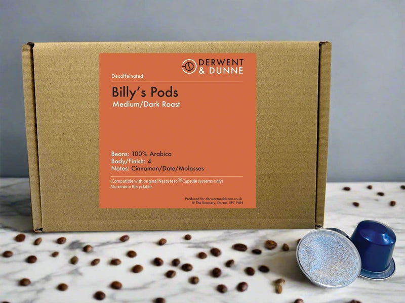 BILLY's PODS Decaffeinated - Mountain Water Process (Medium/Dark Roast) Black Cherry, Dates and Molasses