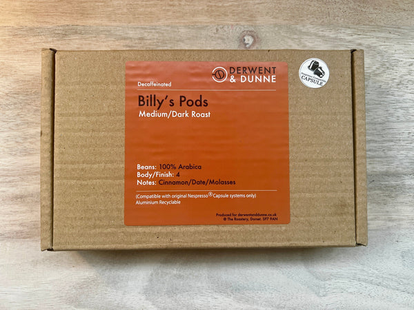 BILLY's PODS Decaffeinated - Mountain Water Process (Medium/Dark Roast) Black Cherry, Dates and Molasses