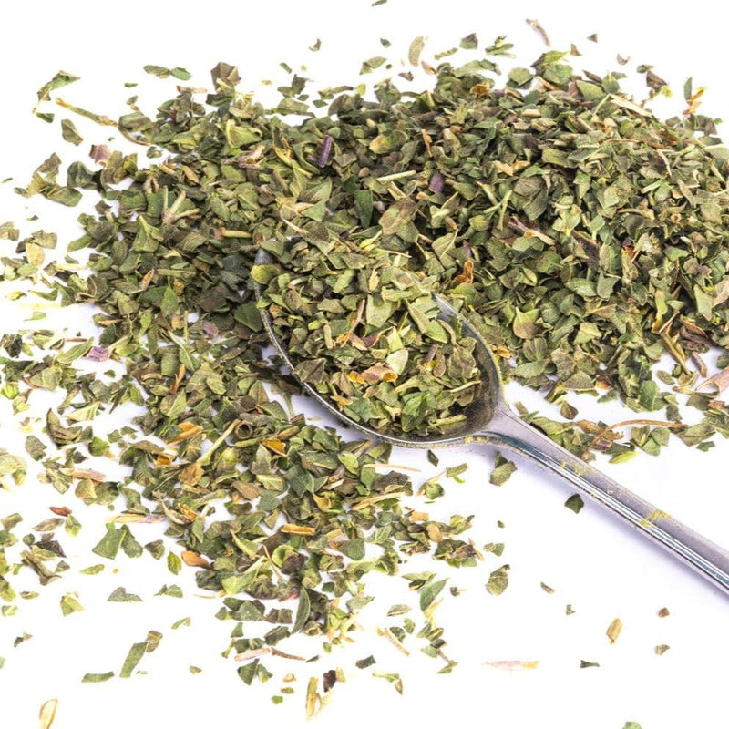 JUX food freeze dried oregano on a teaspoon