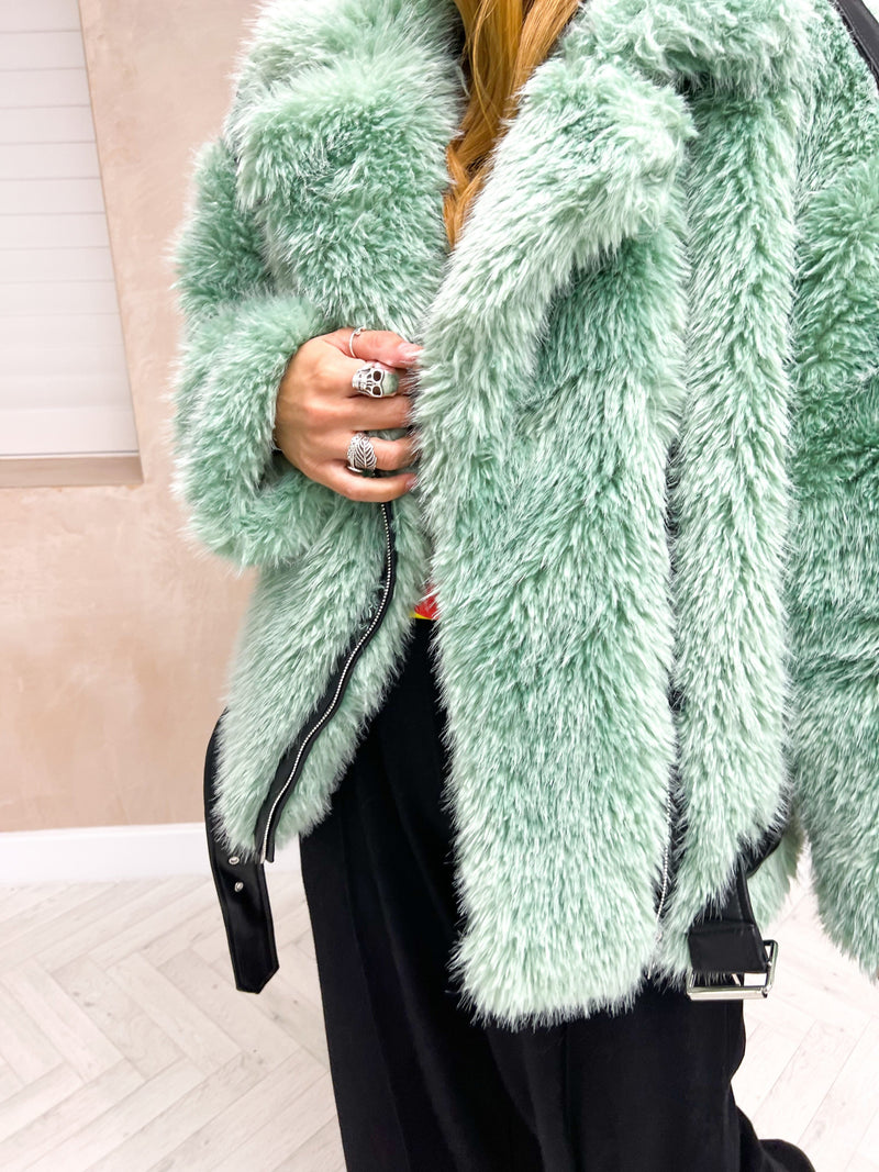 Faux Fur Biker Style Jacket In Green