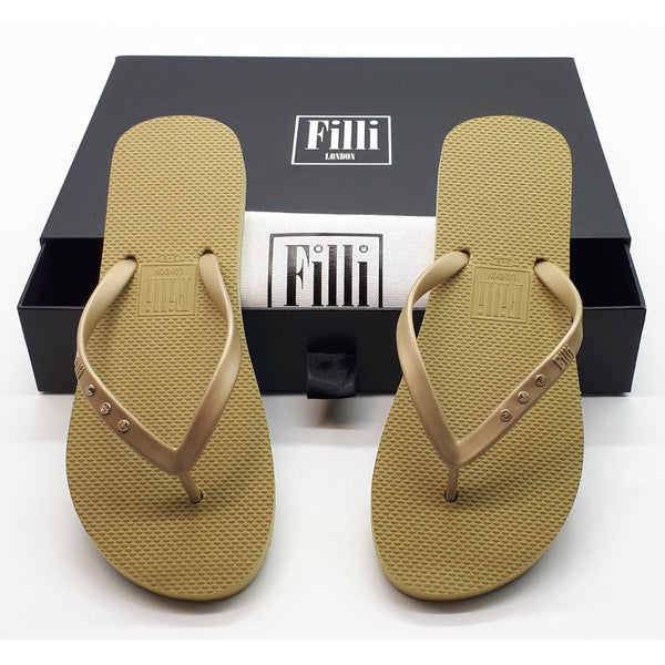 Filli London St Tropez Crystal Flip Flops - Gold