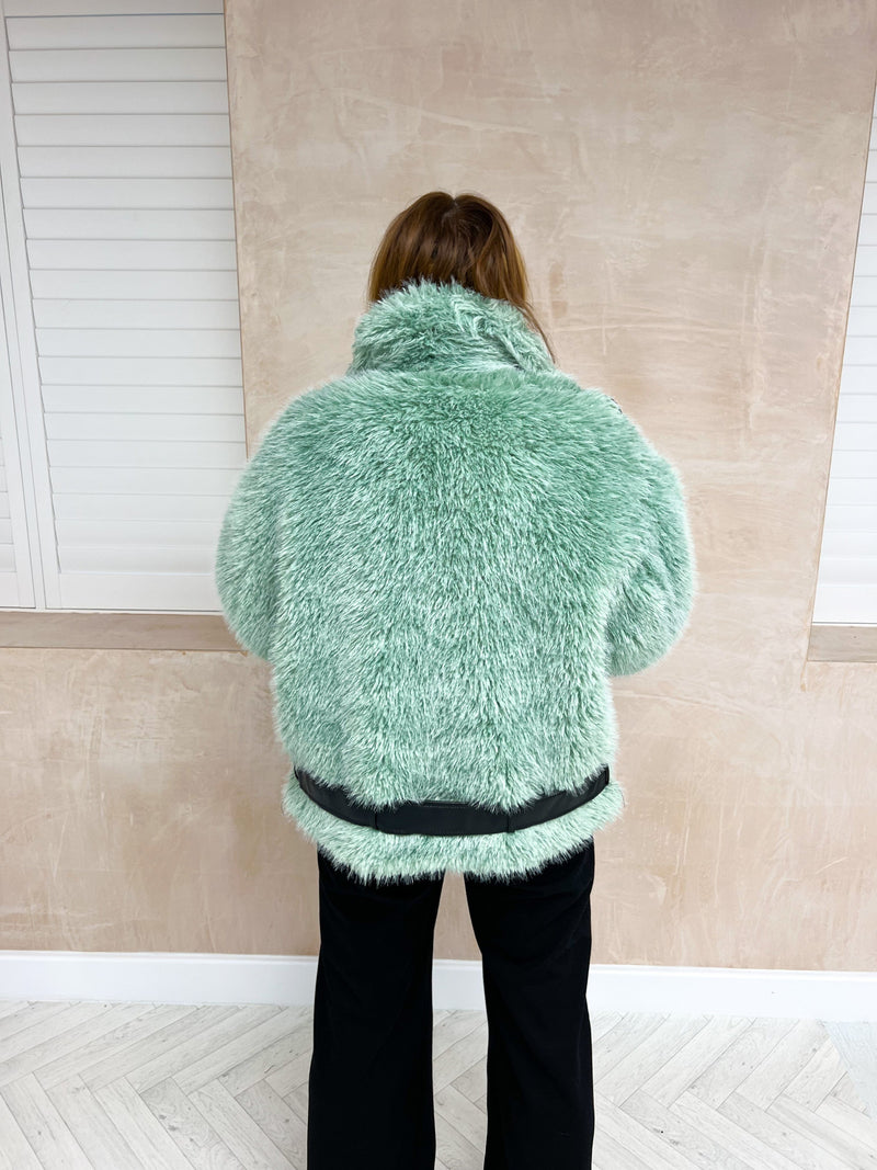 Faux Fur Biker Style Jacket In Green