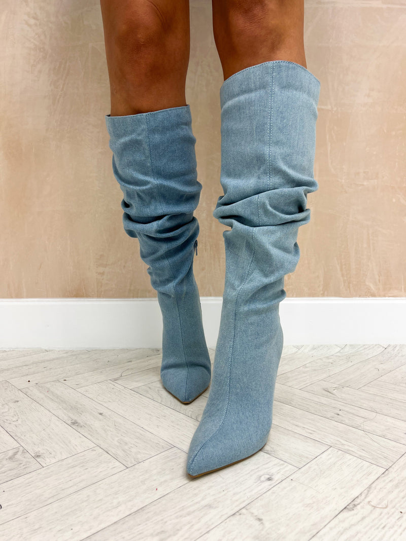 Knee High Denim Boots In Light Blue