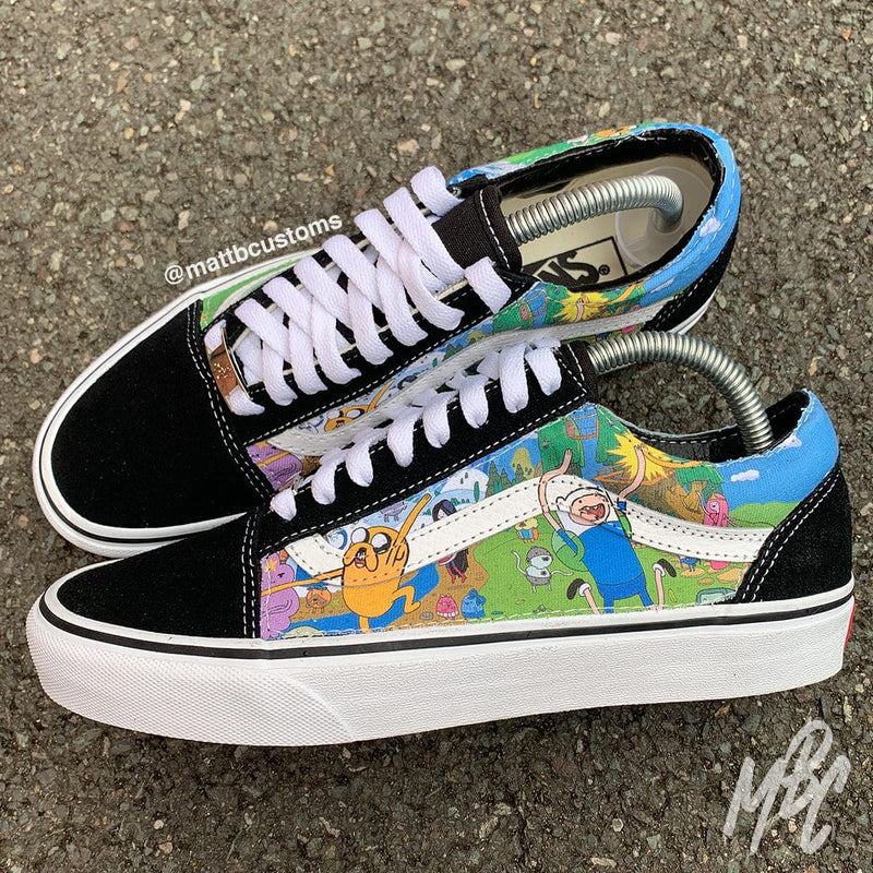 VANS OLD SKOOL CUSTOM TRAINERS WITH ADVENTURE TIME DESIGN PRINTED ONTO MATERIAL AND SEWN ONTO THE SHOES