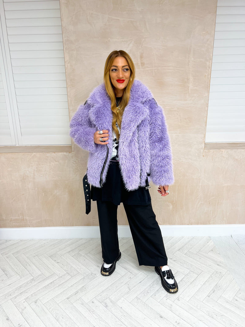 Faux Fur Biker Style Jacket In Lilac