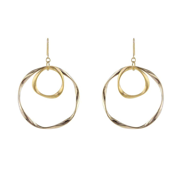 loveRocks Beaten Double Rings On Earwire Earrings Gold Tone