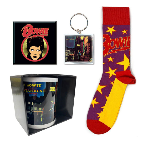 David Bowie Gift Set With Socks, Keychain, Boxed Coffee Mug, Fridge Magnet