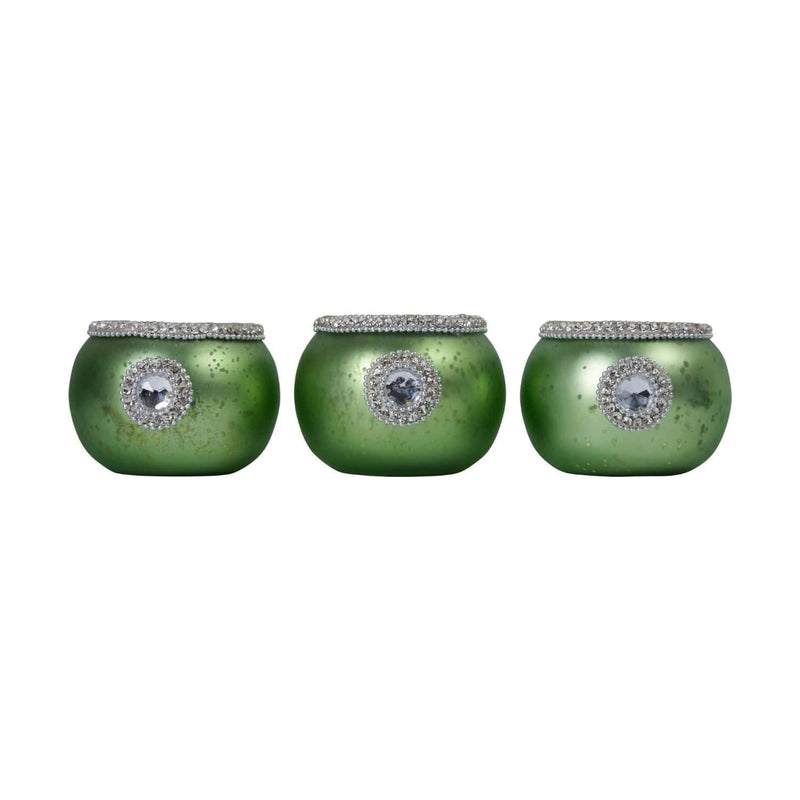 East Village Candle Holder Set of 3 Goblet Handmade with Austrian Crystal with Tray - Green