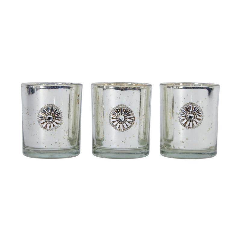 East Village Candle Holder Set of 3 Tumbler Handmade with Austrian Crystal with Tray - Silver