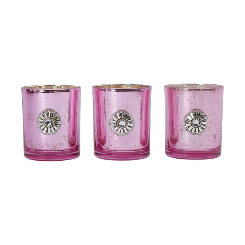 East Village Candle Holder Set of 3 Tumbler Handmade with Austrian Crystal with Tray - Pink