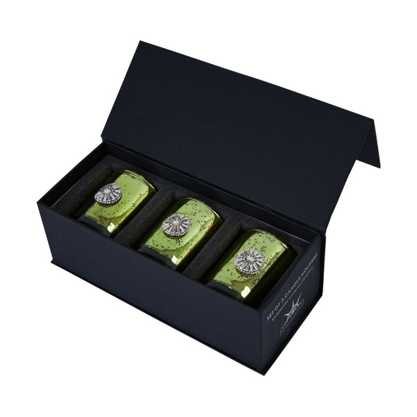East Village Candle Holder Set of 3 Tumbler Handmade with Austrian Crystal with Tray - Green