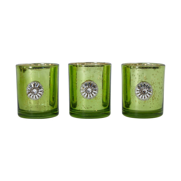 East Village Candle Holder Set of 3 Tumbler Handmade with Austrian Crystal - Green