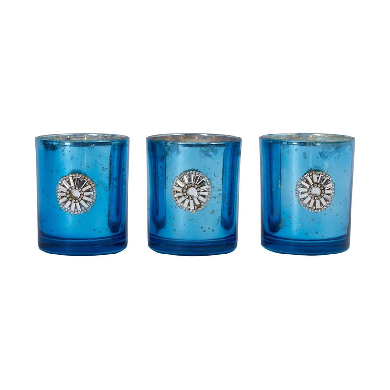 East Village Candle Holder Set of 3 Tumbler Handmade with Austrian Crystal with Tray - Blue