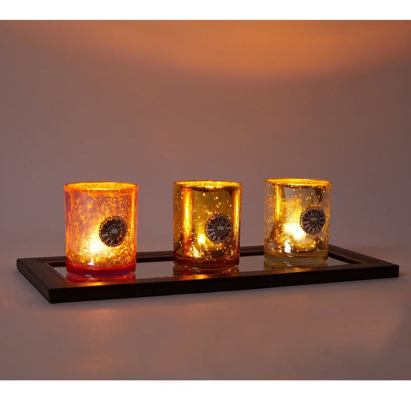 East Village Candle Holder Set of 3 Tumbler Handmade with Austrian Crystal with Tray - Gold