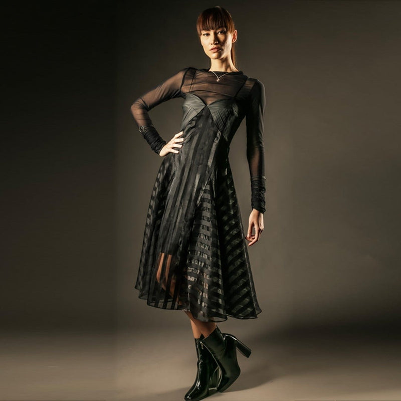 black long sleeve mesh top with organza dress out of sync