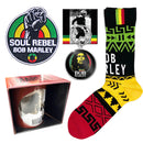 Bob Marley Gift Set with boxed Coffee Mug, Socks, Keychain, Fridge Magnet, Woven Patch