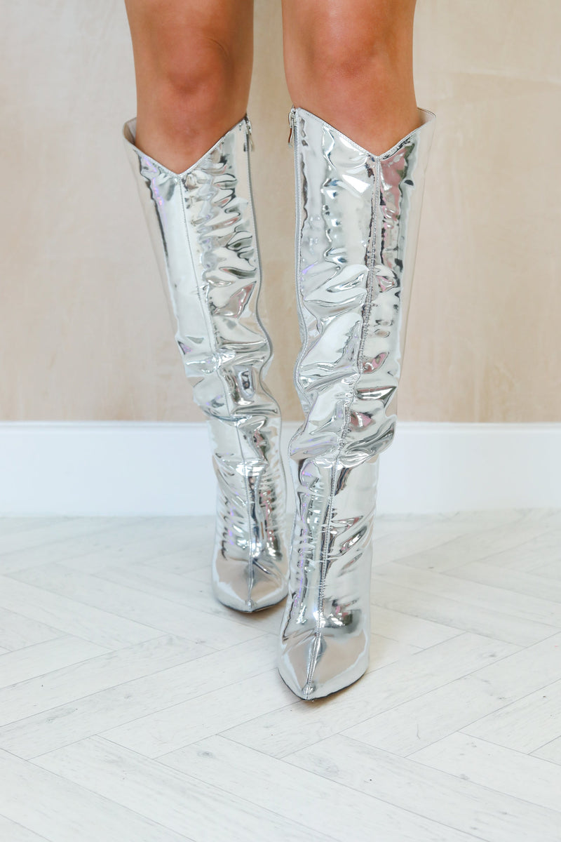 Faux Leather Metallic Boots In Silver