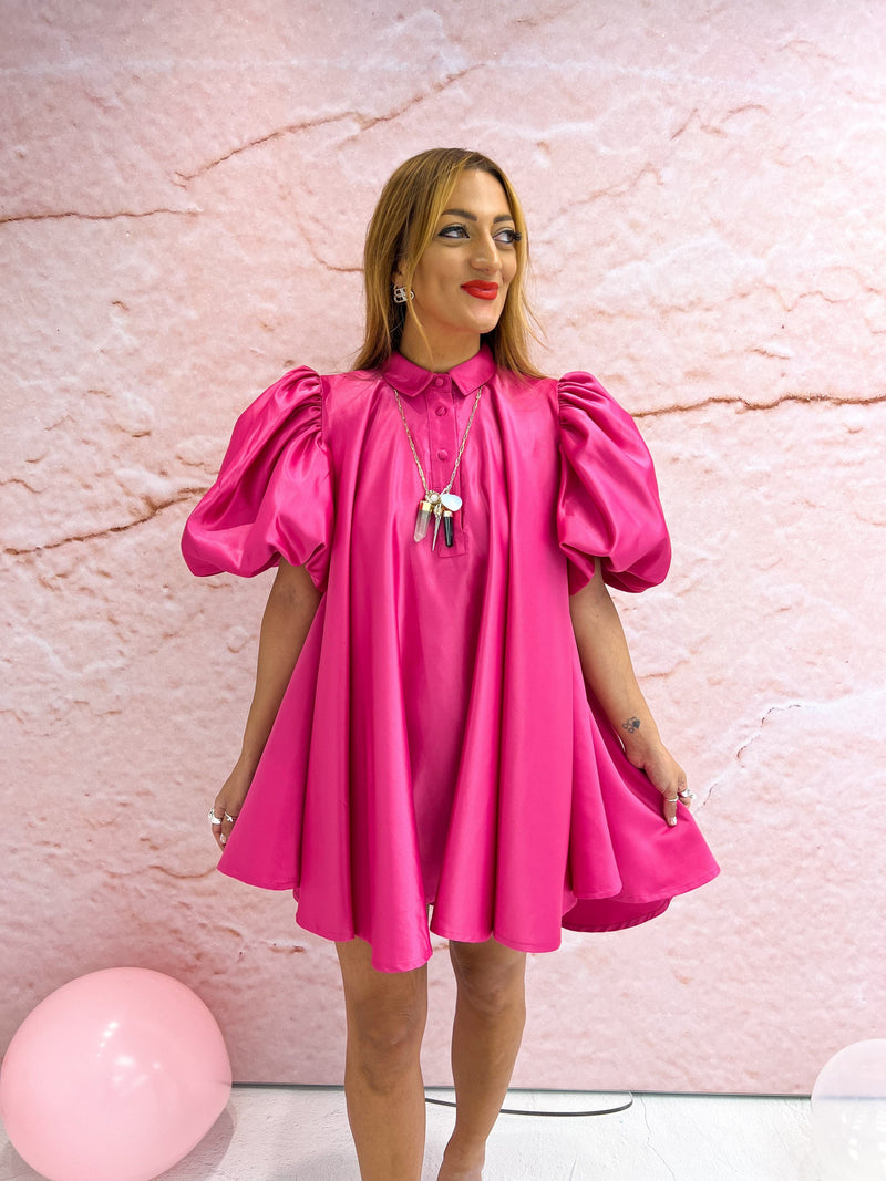 'Magenta' Puff Sleeve Mini Dress In Raspberry