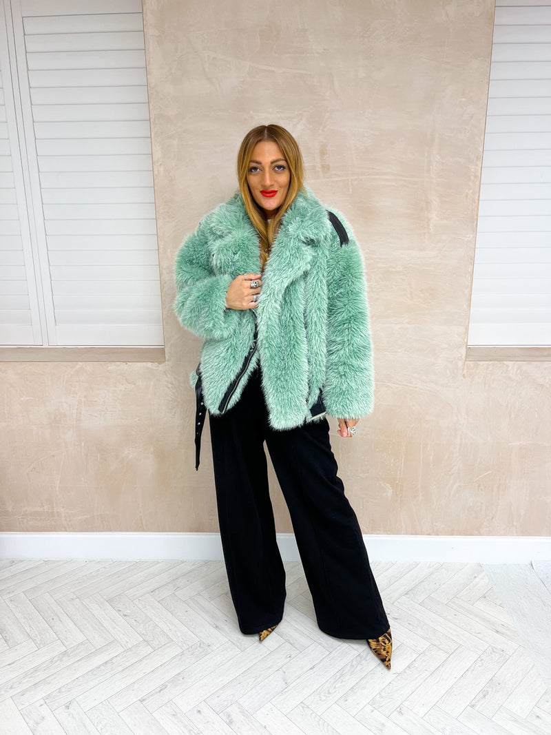 Faux Fur Biker Style Jacket In Green