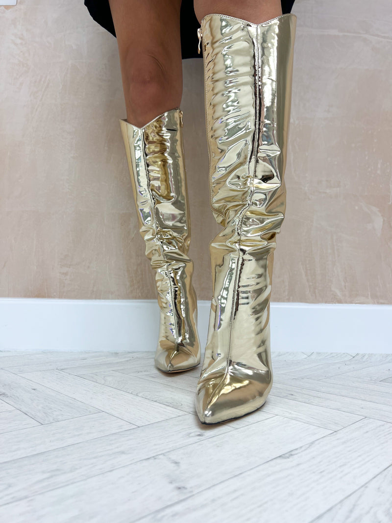 Faux Leather Metallic Boots In Gold