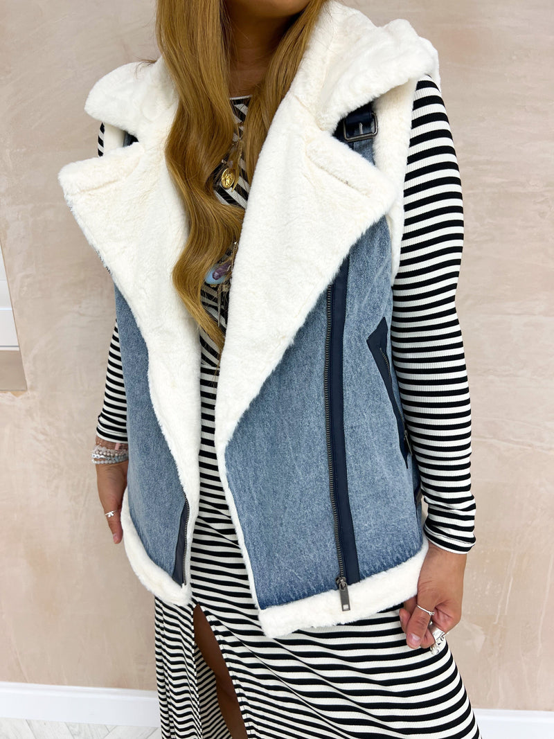 Faux Fur Biker Style Gilet In Light Denim