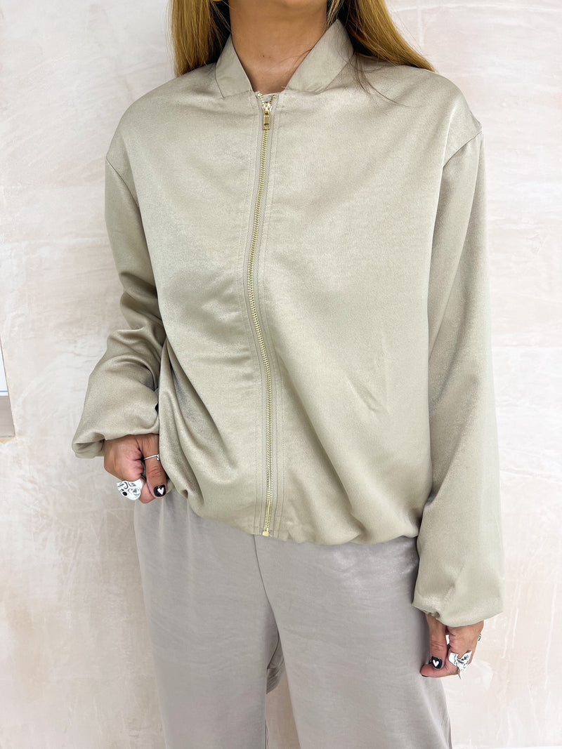 Satin Style Bomber Jacket In Stone