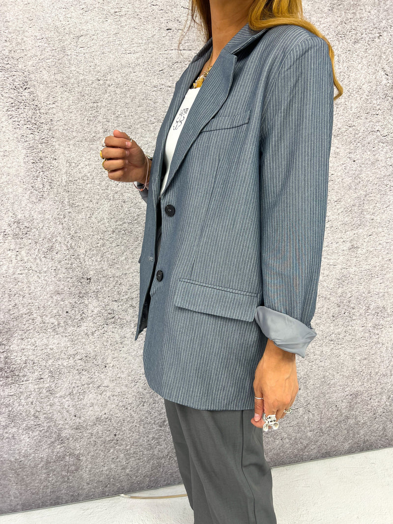 Relaxed Fit Pinstripe Blazer In Grey