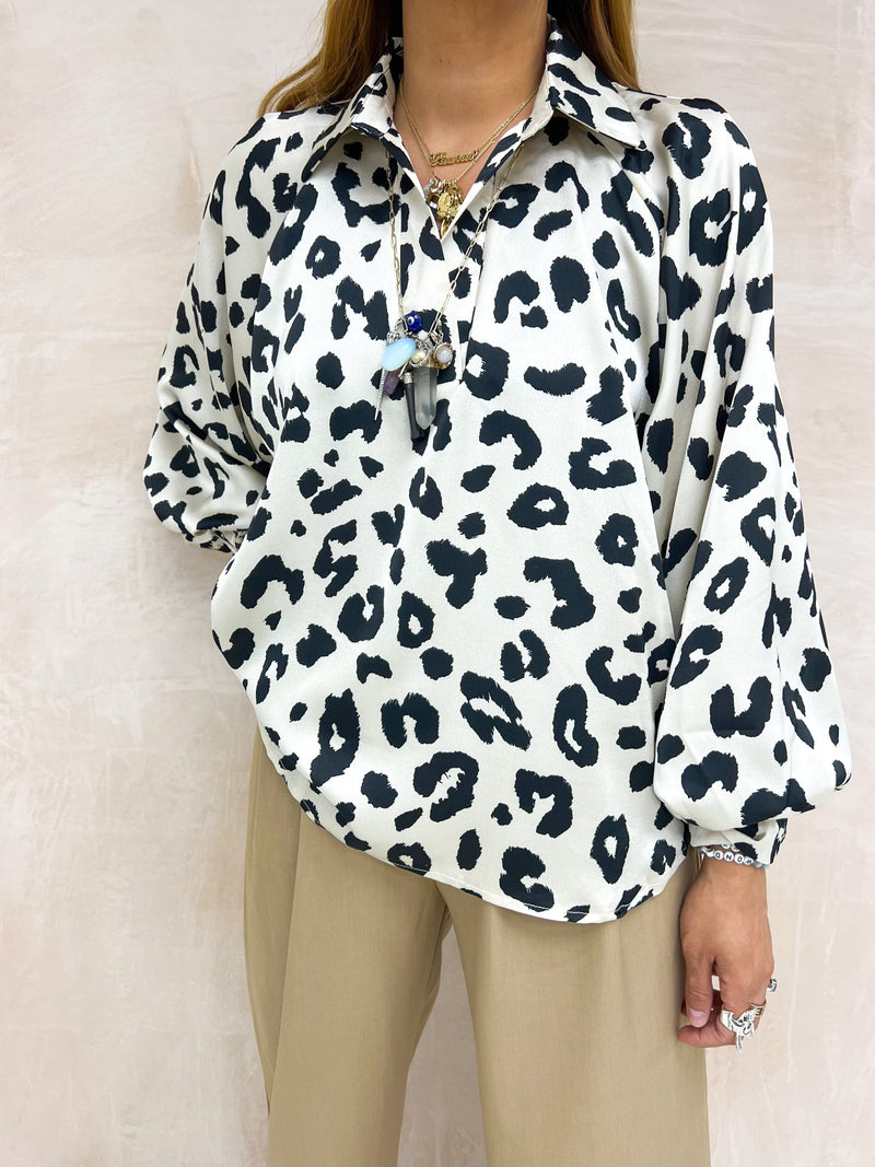 Floaty Oversized Shirt Style Satin Top In Cream Leopard Print