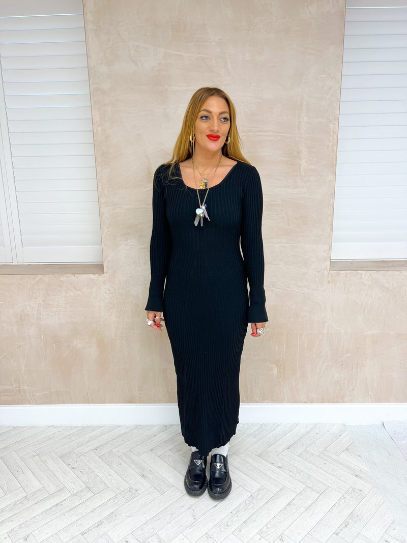 Rib Jersey Long Sleeve Midi Dress In Black