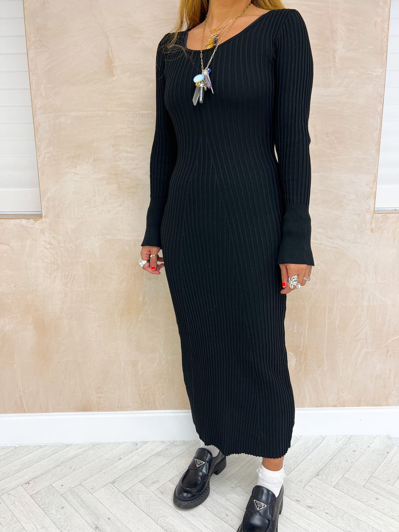 Rib Jersey Long Sleeve Midi Dress In Black