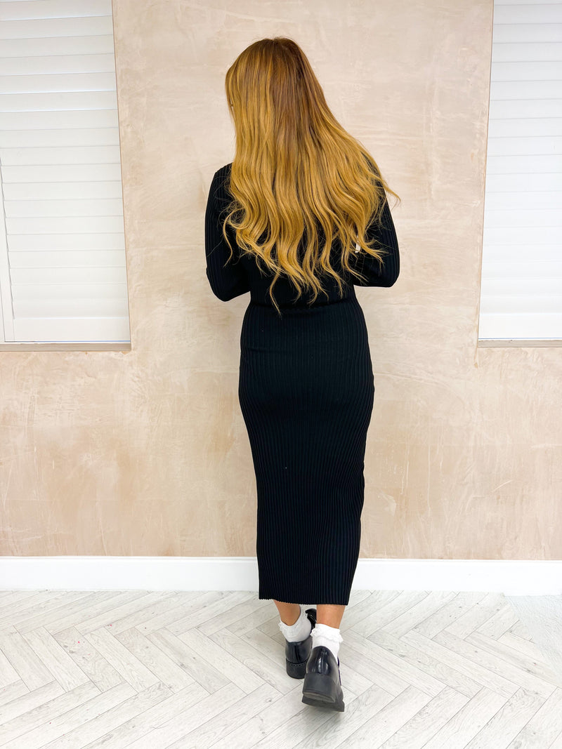 Rib Jersey Long Sleeve Midi Dress In Black