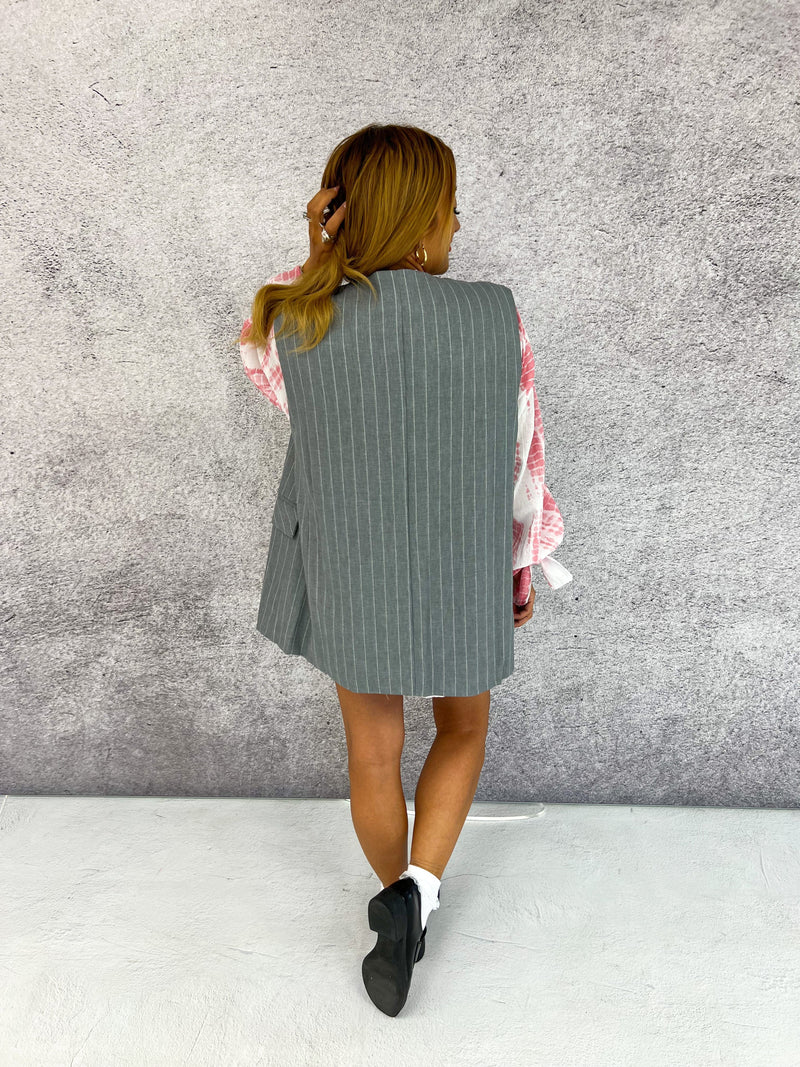 Sleeveless Blazer Style Waistcoat In Grey/White Pinstripe