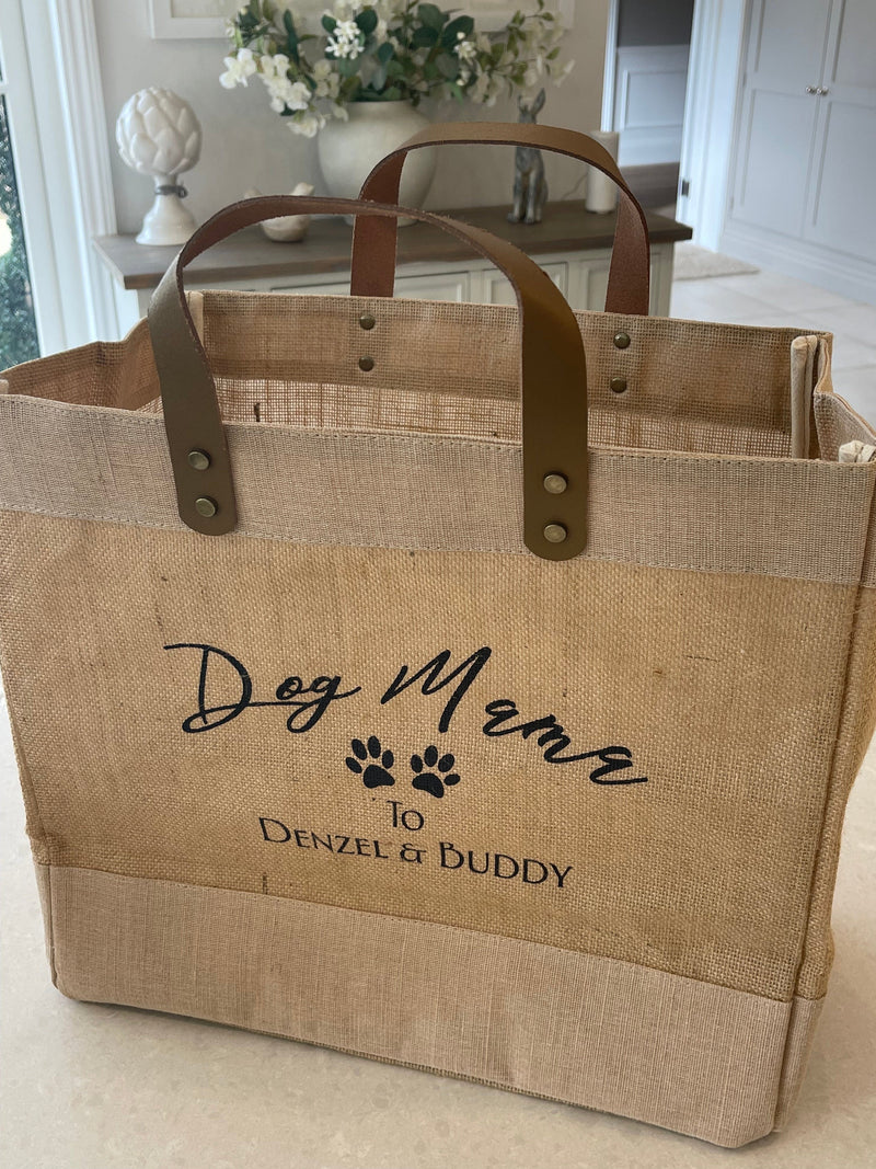 Large luxury personalised hessian work bag with leather handles