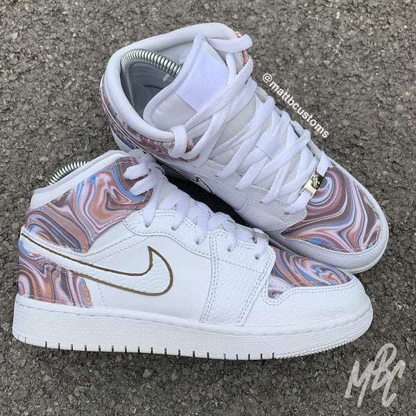NIKE JORDAN 1 CUSTOM TRAINERS WITH LIQUID MARBLE DESIGN PRINTED ONTO MATERIAL AND STITCHED BACK ONTO THE SHOES, AVAILABLE IN VARIOUS COLOURS