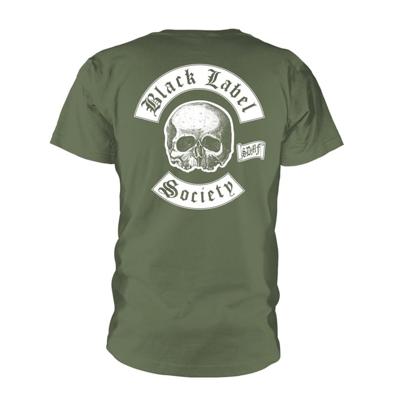 Black Label Society Unisex T-shirt: Skull Logo Pocket (Olive) (back print)