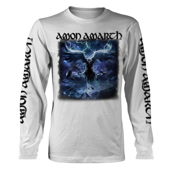 Amon Amarth Unisex Long Sleeved T-shirt: Raven's Flight (White - Back Print)