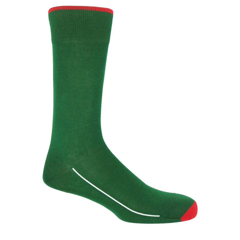 Emerald green square mile men's socks with a red toe and cuff line, and a white line down the side of the foot