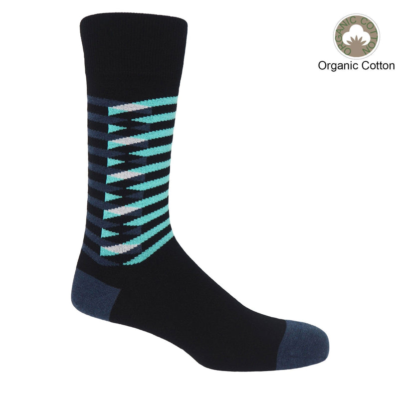 Symmetry black men's luxury socks by Peper Harow, featuring stylish aqua and navy blue stripes, and a navy heel and toe.