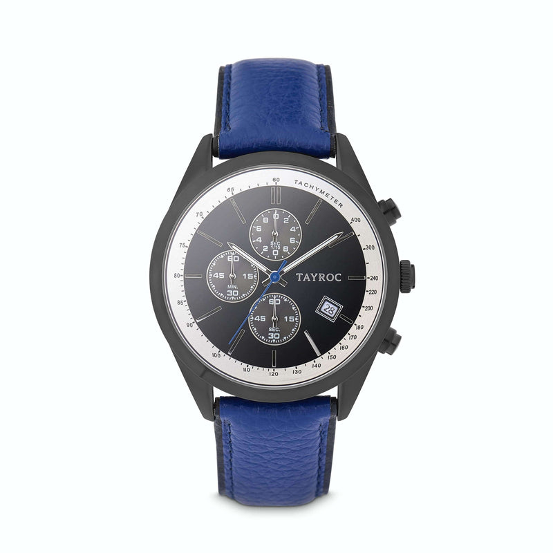 Highlander BLACK/BLUE. A bold and stunning composite of features pulled together to create a truly outstanding timepiece that is versatile and sleek. This piece comes in a black and blue palette. Style 1 view.