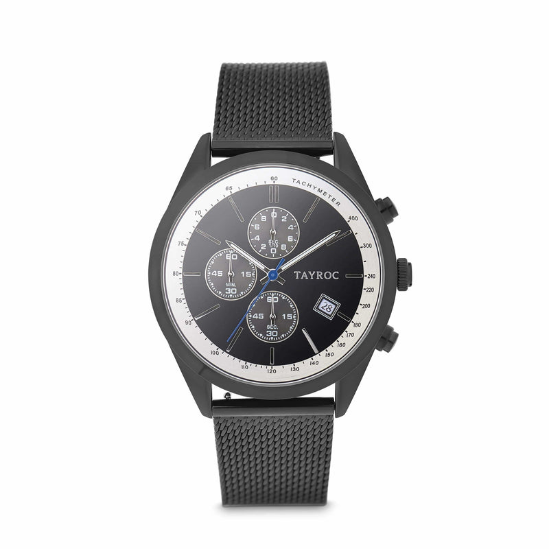 Highlander BLACK/BLUE. A bold and stunning composite of features pulled together to create a truly outstanding timepiece that is versatile and sleek. This piece comes in a black and blue palette. Style 2 view.