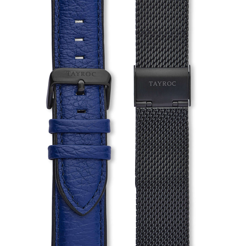Highlander BLACK/BLUE. A bold and stunning composite of features pulled together to create a truly outstanding timepiece that is versatile and sleek. This piece comes in a black and blue palette. Straps view.