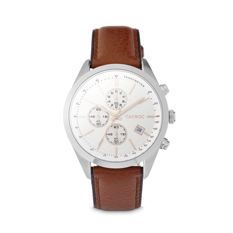 Highlander SILVER/BROWN. A bold and stunning composite of features pulled together to create a truly outstanding timepiece that is versatile and sleek. This piece comes in a white and tan palette. Style 2 view.