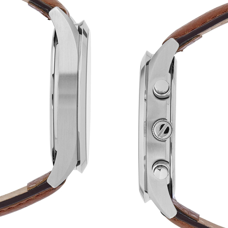 Highlander SILVER/BROWN. A bold and stunning composite of features pulled together to create a truly outstanding timepiece that is versatile and sleek. This piece comes in a white and tan palette. Sides view.