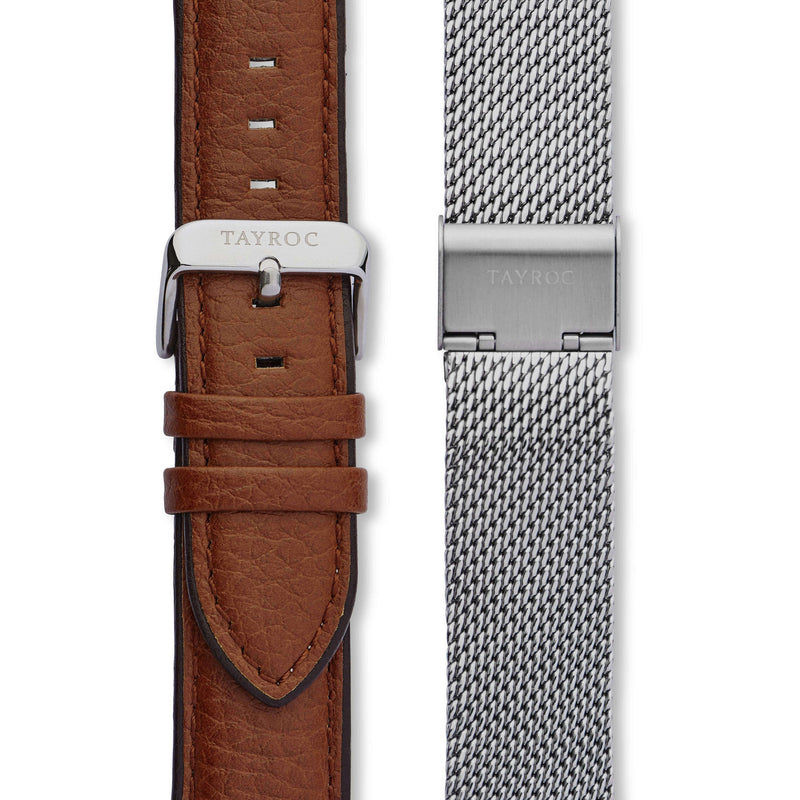 Highlander SILVER/BROWN. A bold and stunning composite of features pulled together to create a truly outstanding timepiece that is versatile and sleek. This piece comes in a white and tan palette. Straps view.