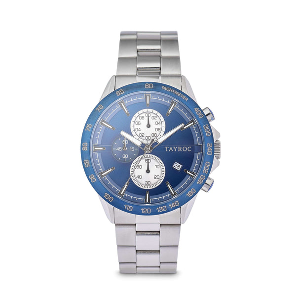Hampton BLUE/SILVER. Designed in a stunning blue and silver palette with a classic dial design, topped off with a 3 dial chronograph system and linked strap. Front view.