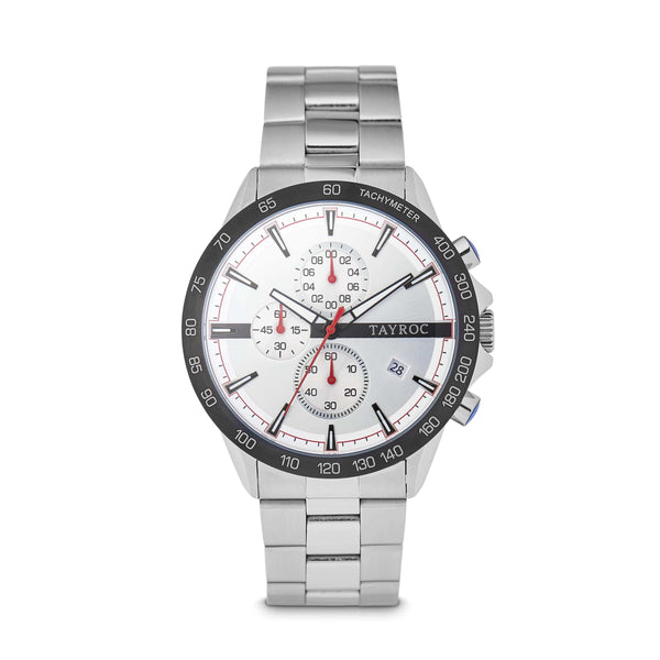 Hampton WHITE/SILVER. Designed in a cool white and silver palette with a classic dial design, topped off with a 3 dial chronograph system and linked strap. Front view.