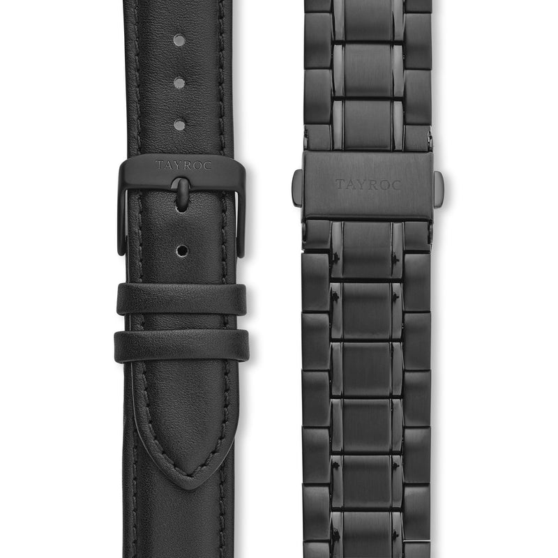 Holte BLACK/BLACK. The very latest minimalist watch, crafted in a sleek black colour scheme that accentuates the feature hands. Straps view.