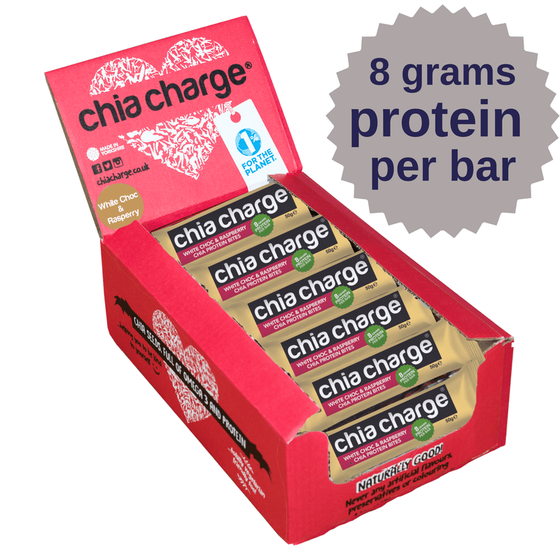 Chia Charge Bars White Choc & Raspberry / Peanut Butter & Choc Chip Protein Bites 50g - 10+2 Free