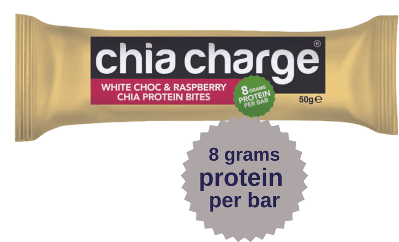 Chia Charge Bars White Choc & Raspberry / Peanut Butter & Choc Chip Protein Bites 50g - 10+2 Free